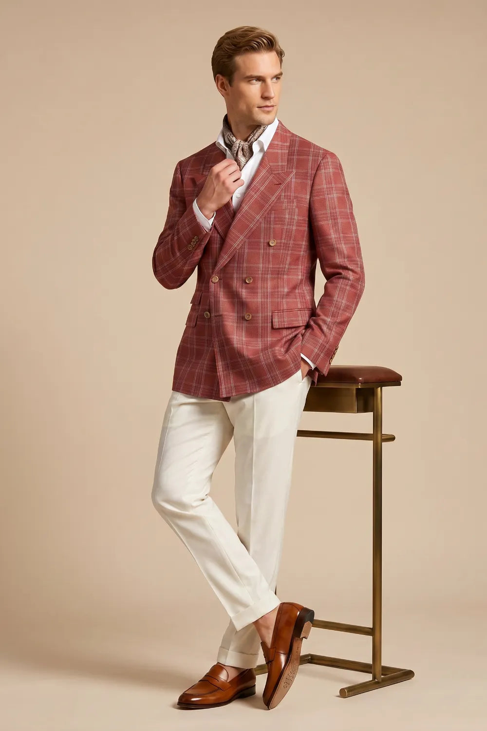 MANSSINO™ | Men's Rust Red Windowpane Double-Breasted 2-Piece Suit