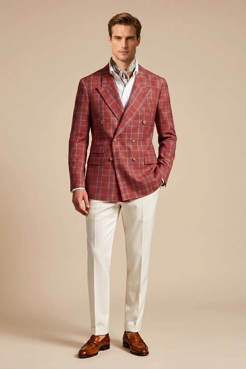 MANSSINO™ | Men's Rust Red Windowpane Double-Breasted 2-Piece Suit