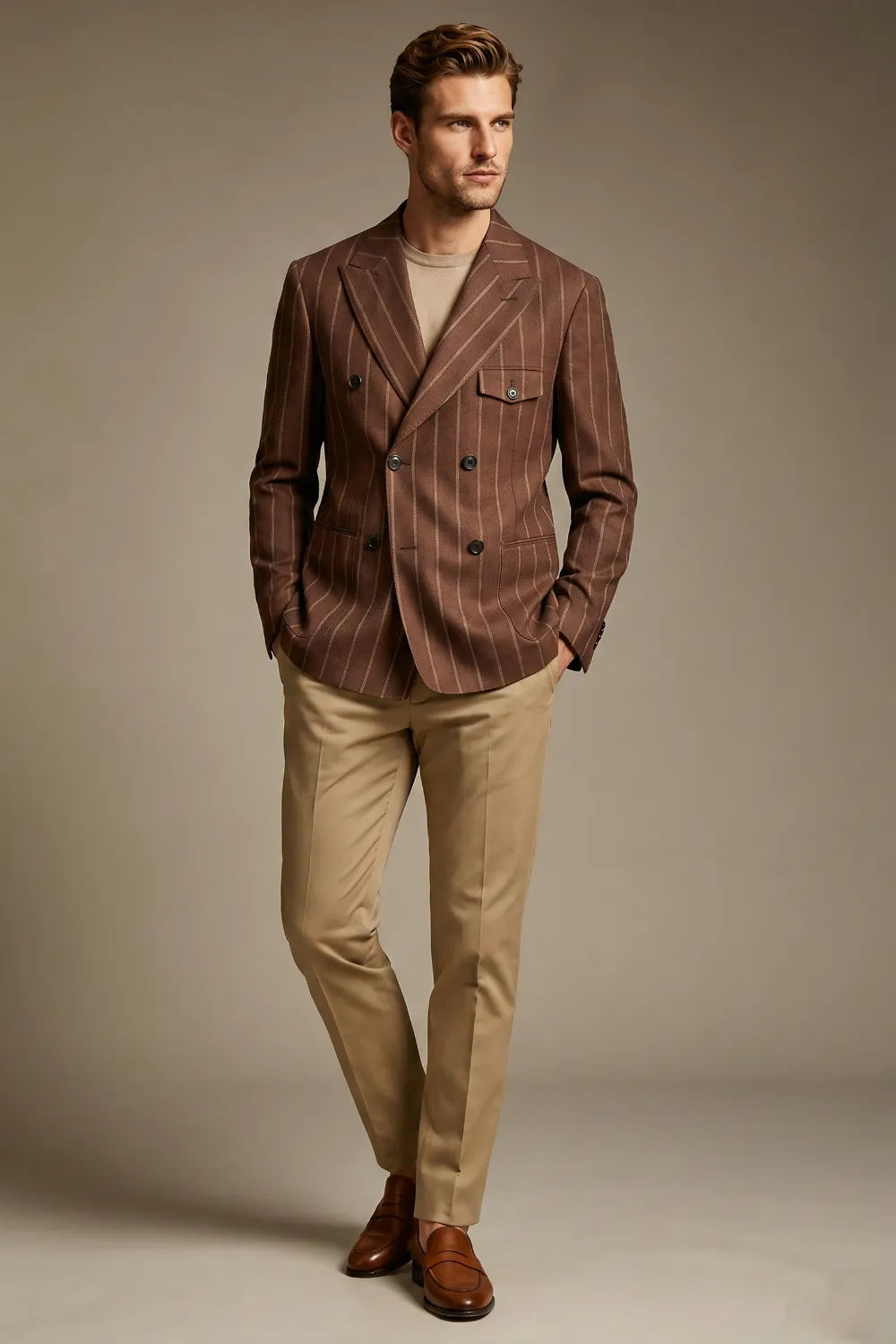 MANSSINO™ | Men's Tobacco Chalk Stripe Double-Breasted 2-Piece Suit