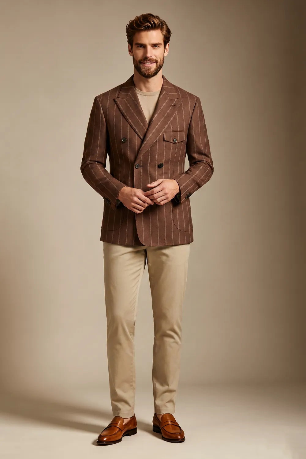 MANSSINO™ | Men's Tobacco Chalk Stripe Double-Breasted 2-Piece Suit