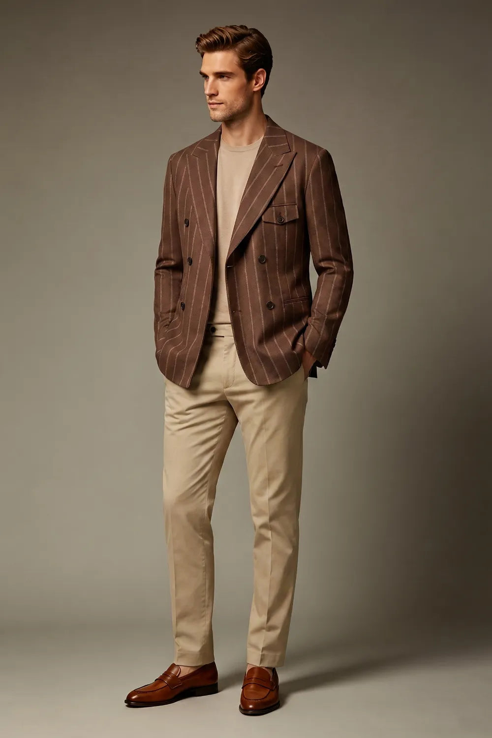 MANSSINO™ | Men's Tobacco Chalk Stripe Double-Breasted 2-Piece Suit