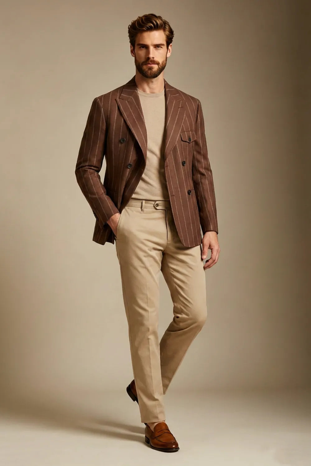 MANSSINO™ | Men's Tobacco Chalk Stripe Double-Breasted 2-Piece Suit
