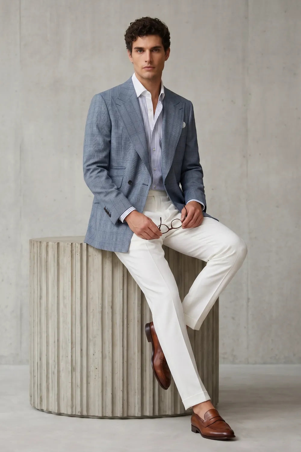 MANSSINO™ | Men's Light Blue Double Breasted Prince Of Wales Check 2-Piece Suit