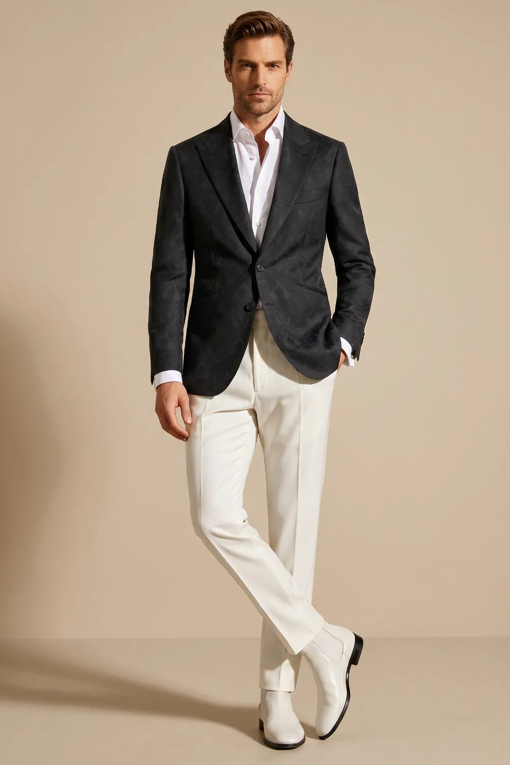 MANSSINO™ | Men's Black Jacquard Wide Peak Lapel 2-Piece Suit