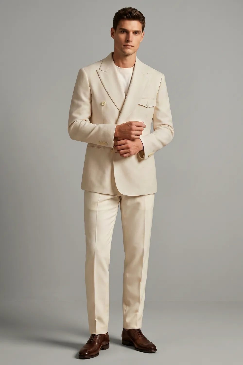 MANSSINO™ | Men's Cream Double-Breasted Peak-Lapel Linen Two-Piece Suit