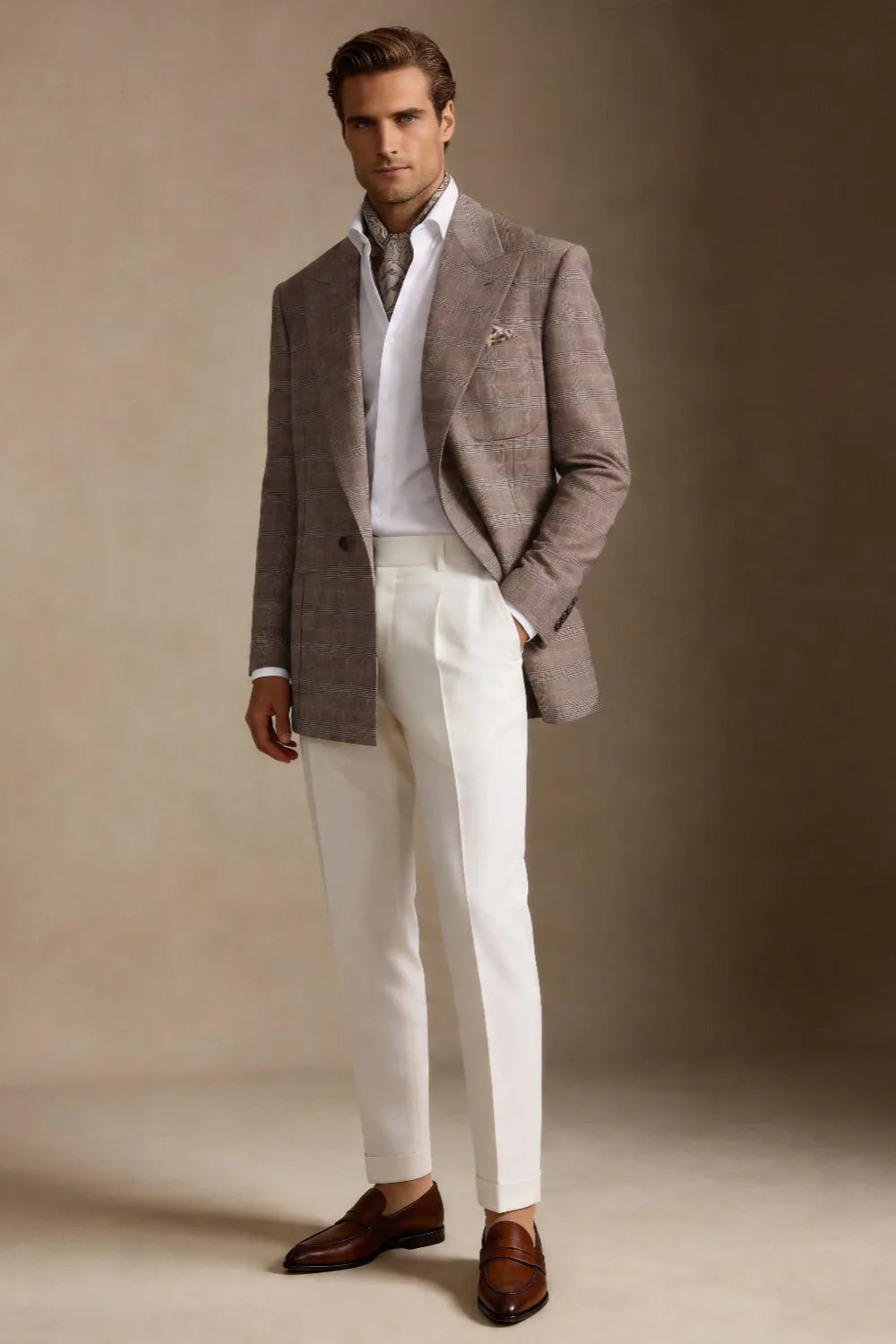 MANSSINO™ | Men's Taupe Glen Plaid Double-Breasted Wide Peak-Lapel 2-Piece Suit