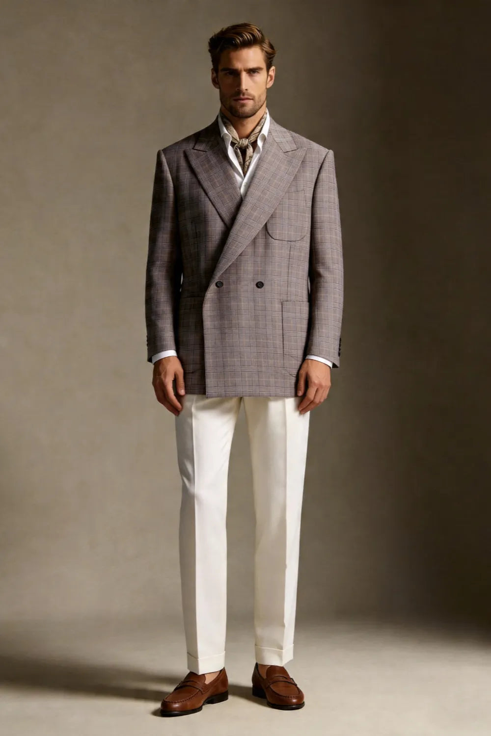 MANSSINO™ | Men's Taupe Glen Plaid Double-Breasted Wide Peak-Lapel 2-Piece Suit