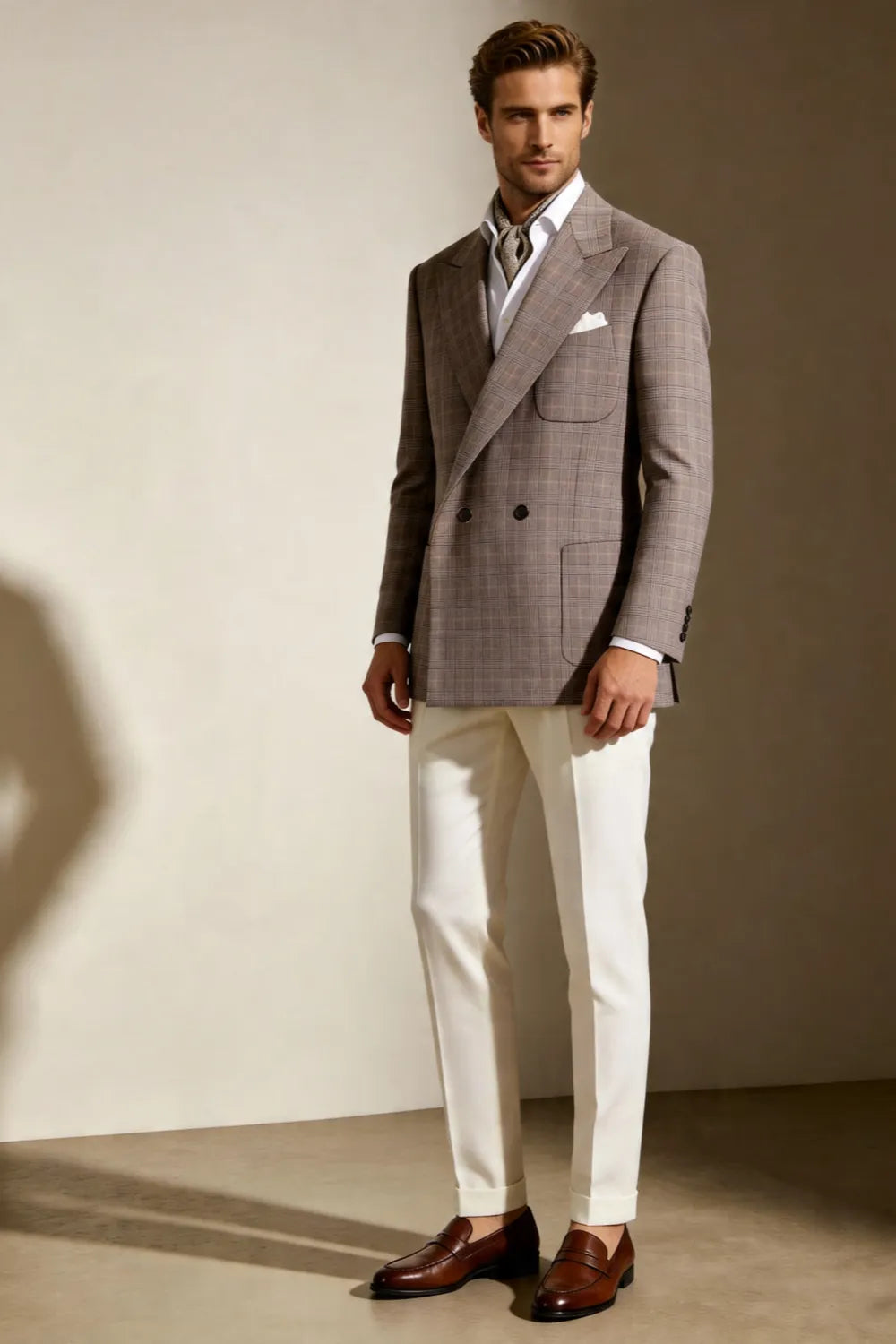 MANSSINO™ | Men's Taupe Glen Plaid Double-Breasted Wide Peak-Lapel 2-Piece Suit
