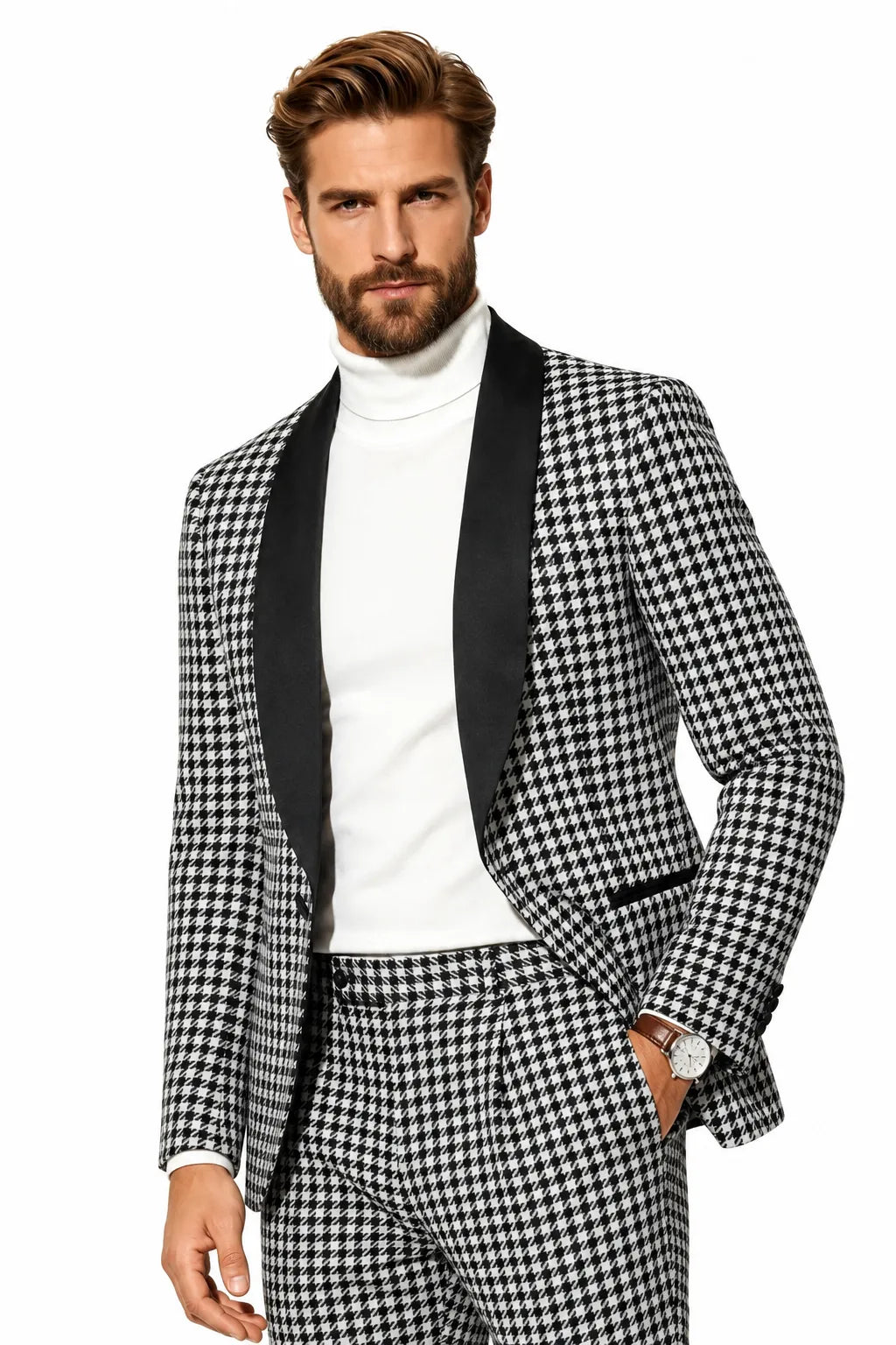 MANSSINO™ | Men's Black and White Houndstooth Tuxedo 2-Piece Suit