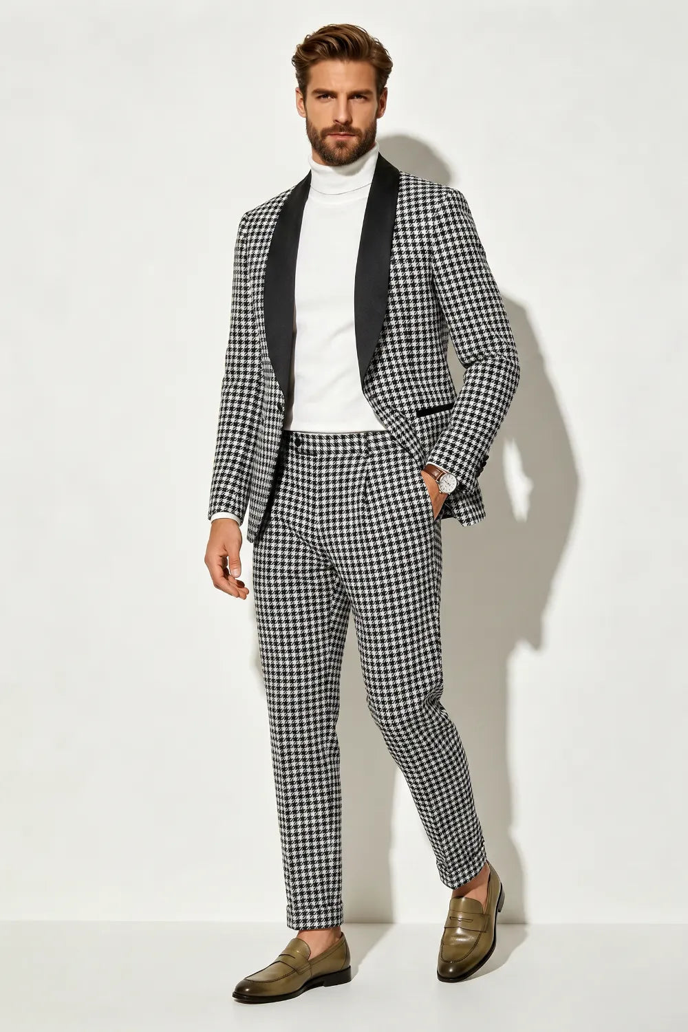 MANSSINO™ | Men's Black and White Houndstooth Tuxedo 2-Piece Suit