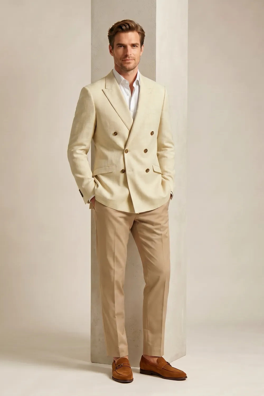 MANSSINO™ | Men's Cream Double Breasted Peak Lapel 2-Piece Suit