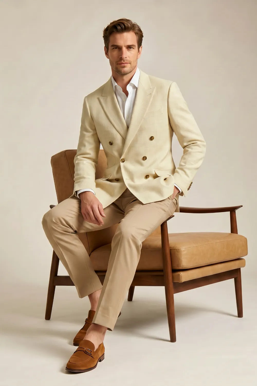 MANSSINO™ | Men's Cream Double Breasted Peak Lapel 2-Piece Suit