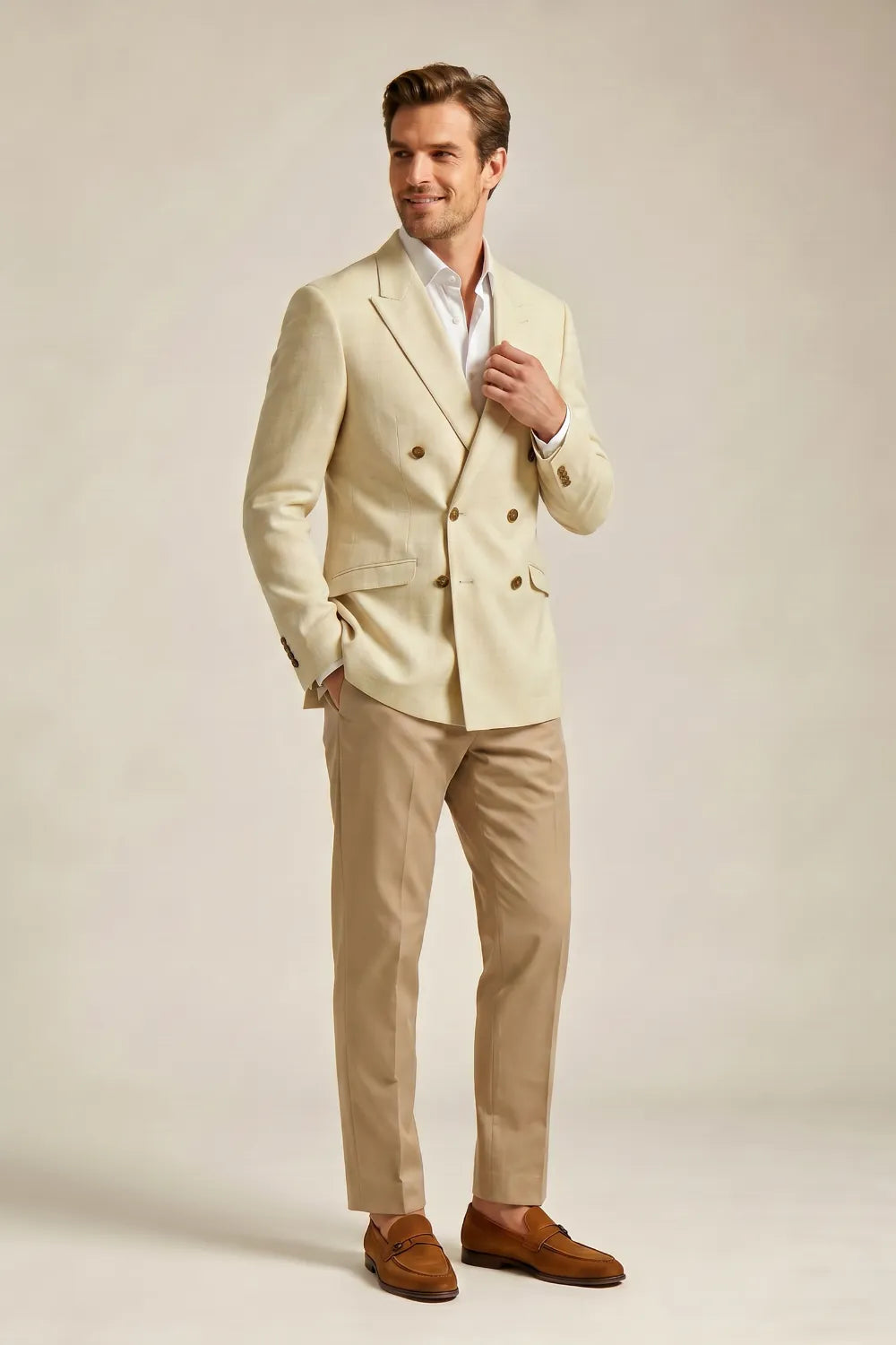 MANSSINO™ | Men's Cream Double Breasted Peak Lapel 2-Piece Suit