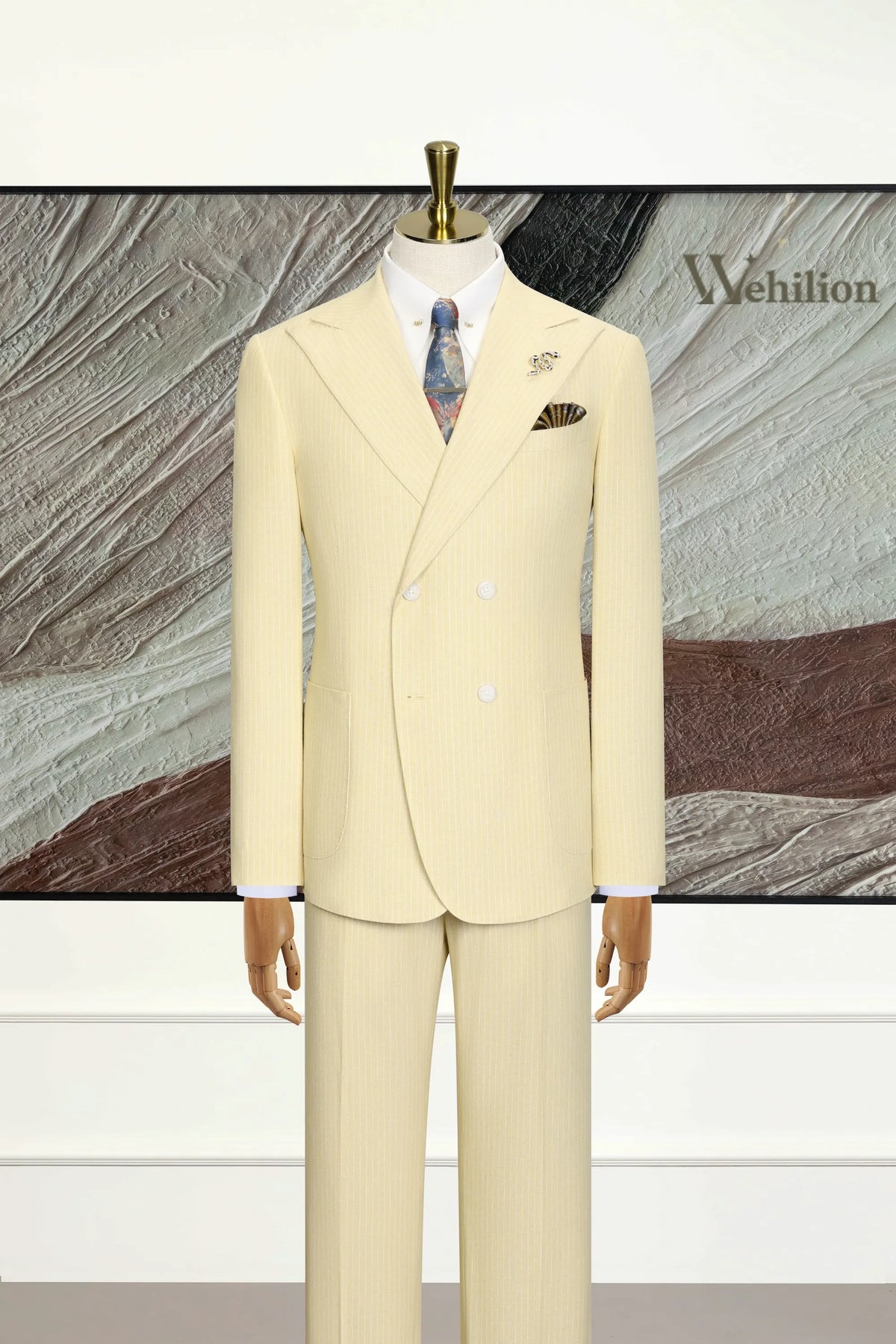 MANSSINO™ | Men's Light Yellow Striped Linen Three-Piece Suit