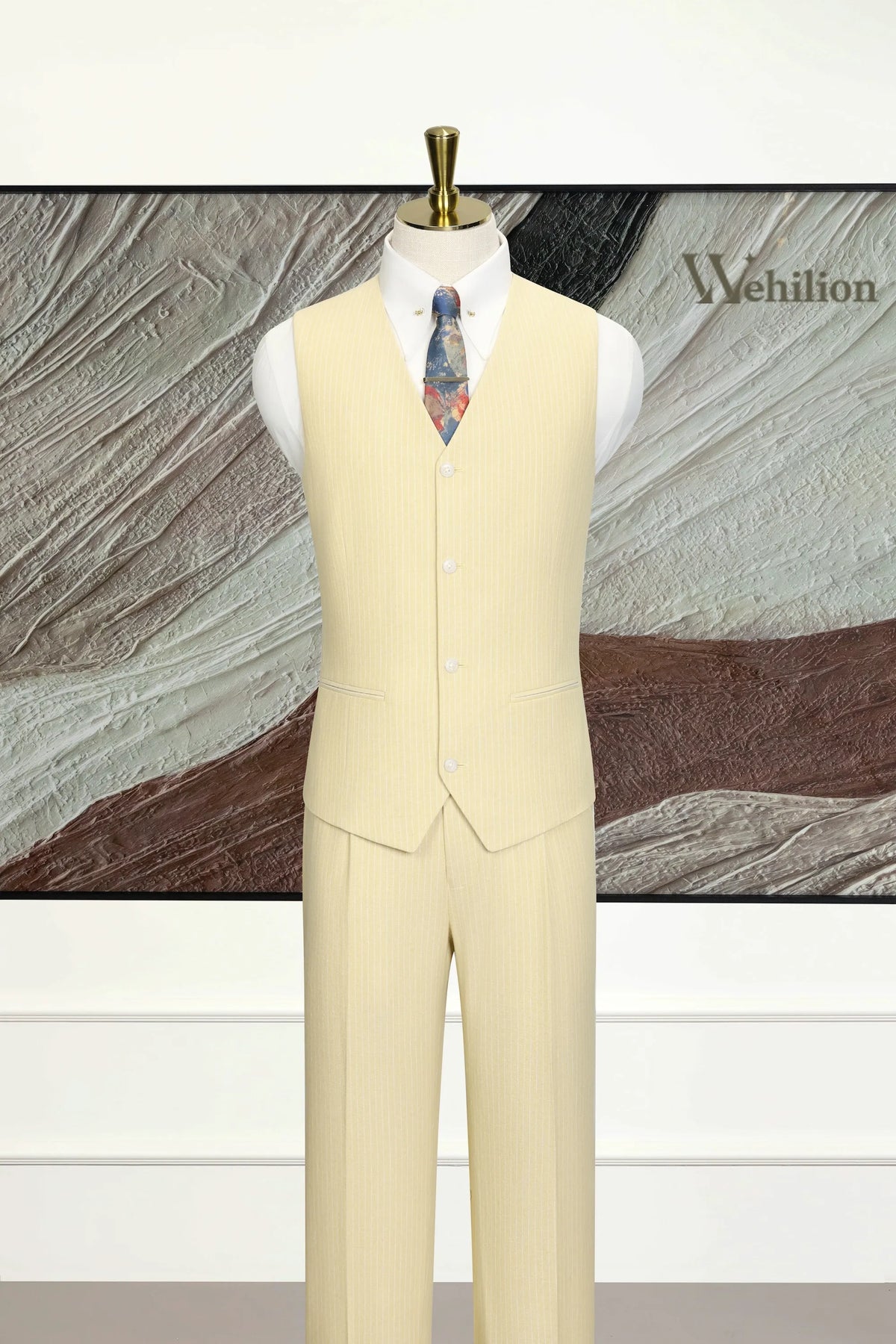 MANSSINO™ | Men's Light Yellow Striped Linen Three-Piece Suit