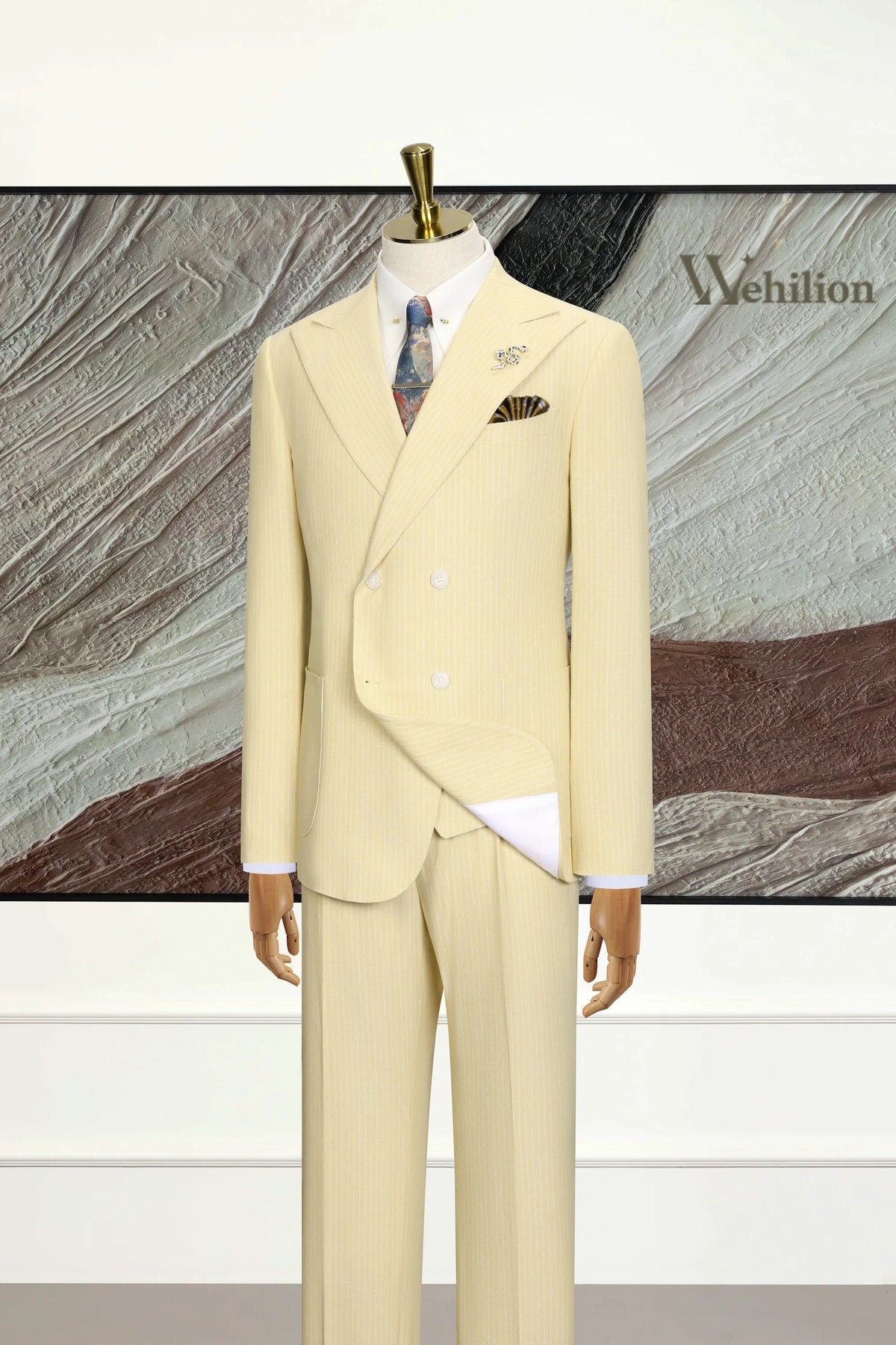 MANSSINO™ | Men's Light Yellow Striped Linen Three-Piece Suit