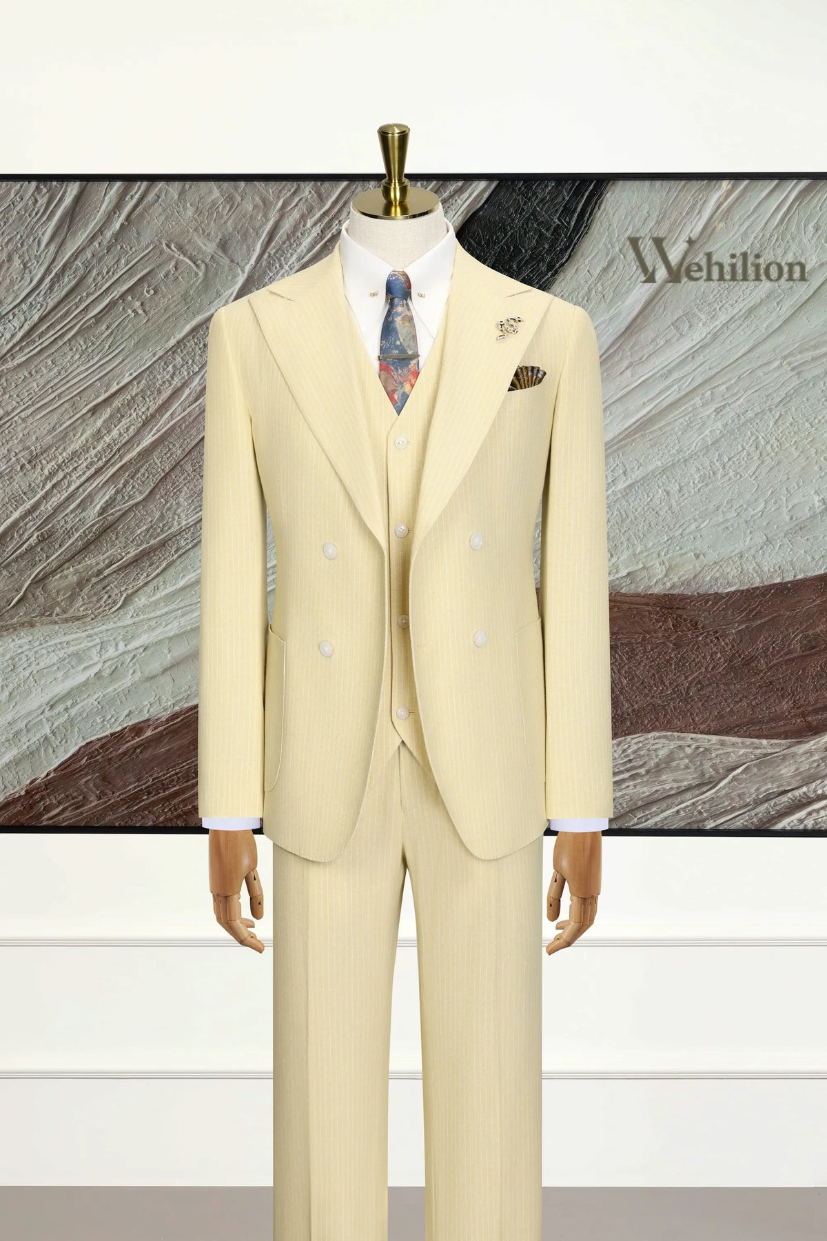 MANSSINO™ | Men's Light Yellow Striped Linen Three-Piece Suit