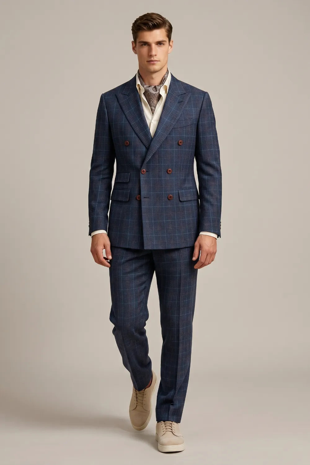 MANSSINO™ | Men's Blue Windowpane Double-Breasted 2-Piece Suit