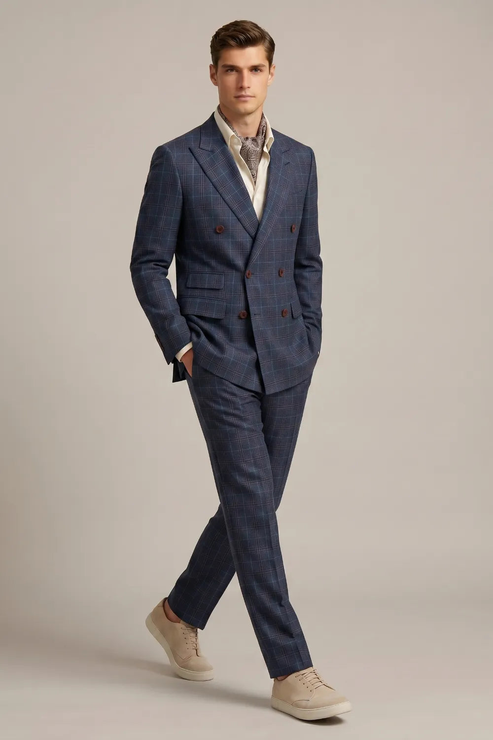 MANSSINO™ | Men's Blue Windowpane Double-Breasted 2-Piece Suit