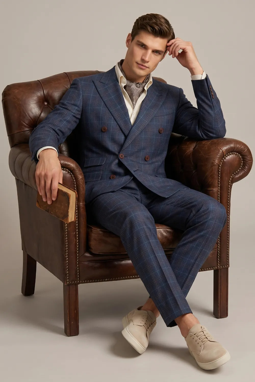 MANSSINO™ | Men's Blue Windowpane Double-Breasted 2-Piece Suit