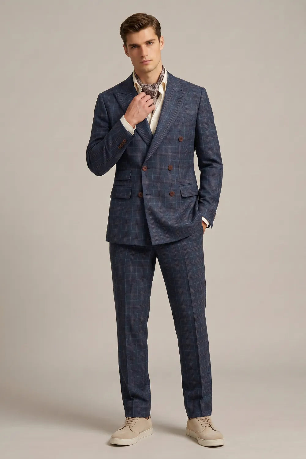 MANSSINO™ | Men's Blue Windowpane Double-Breasted 2-Piece Suit