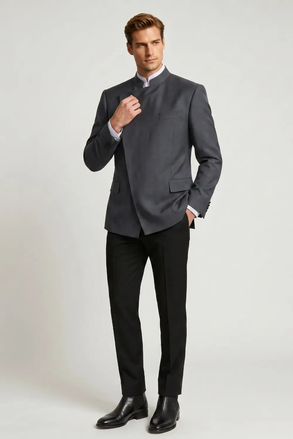 MANSSINO™ | Men's Charcoal Grey Mandarin Collar 2-Piece Suit