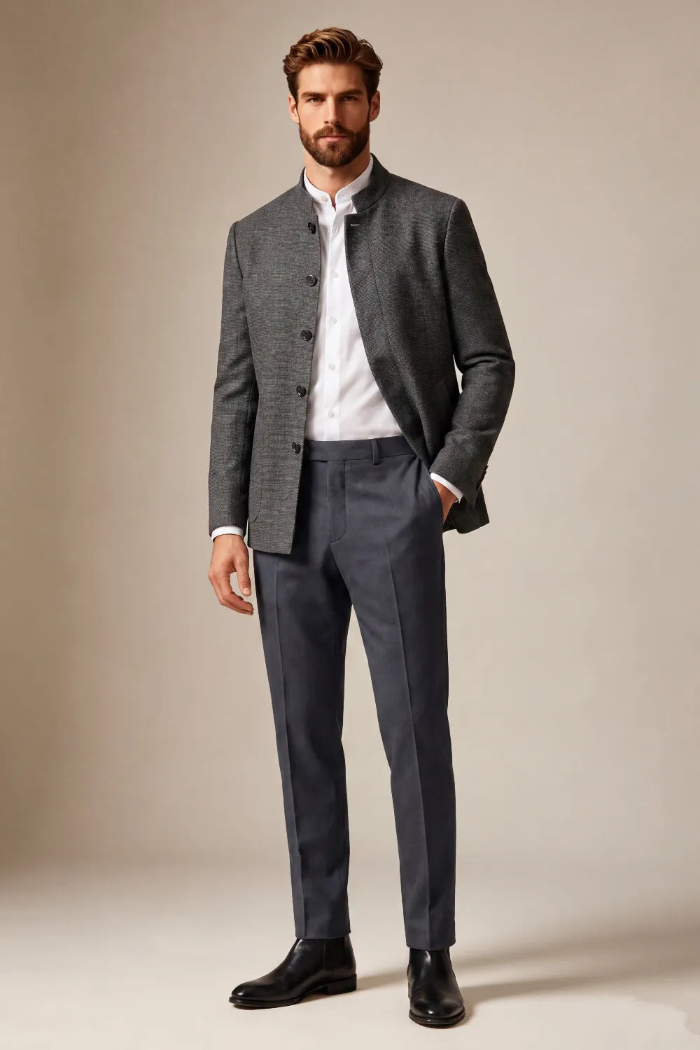 MANSSINO™ | Men's Charcoal Grey Textured Mandarin Collar 2 Piece Suit