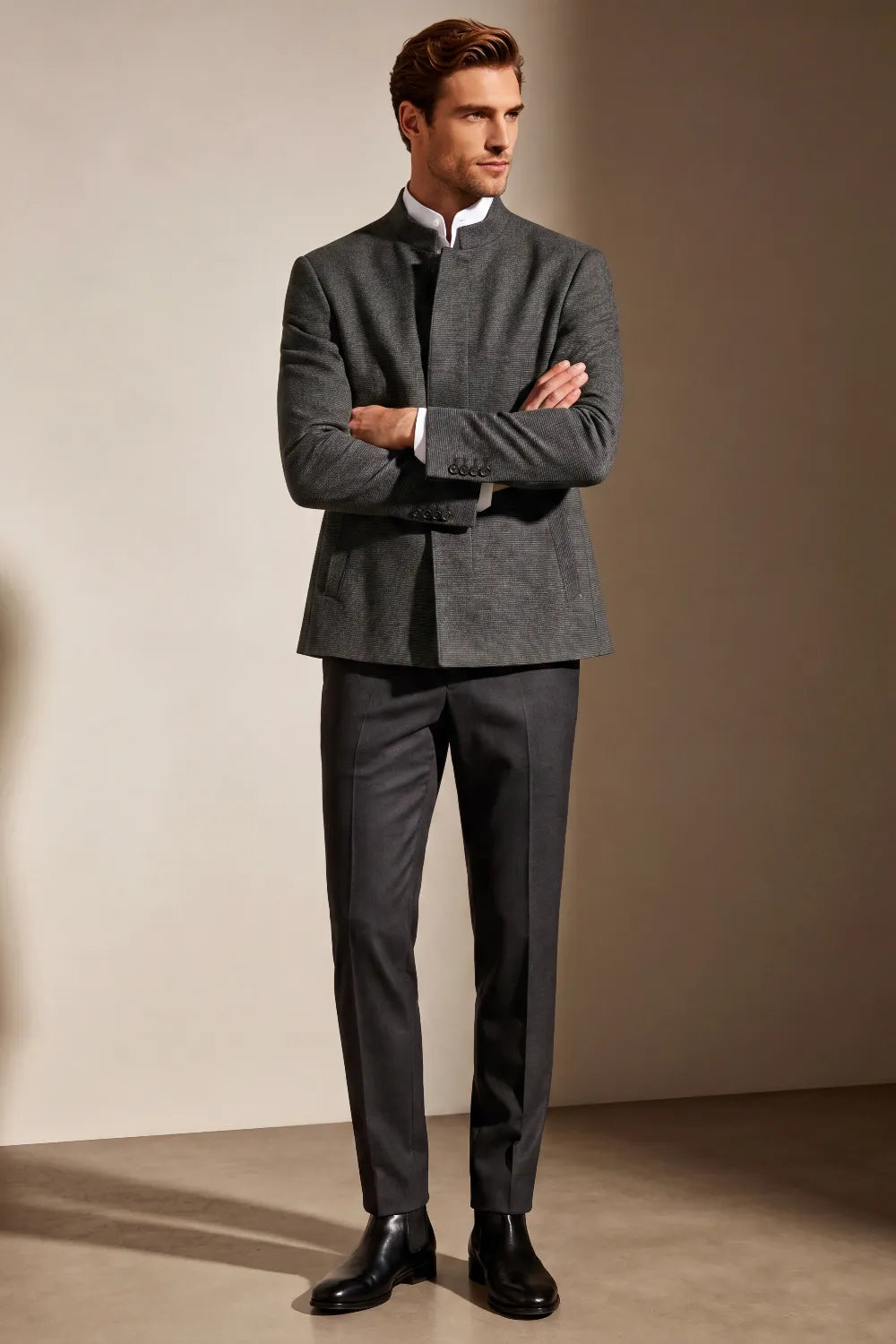 MANSSINO™ | Men's Charcoal Grey Textured Mandarin Collar 2 Piece Suit