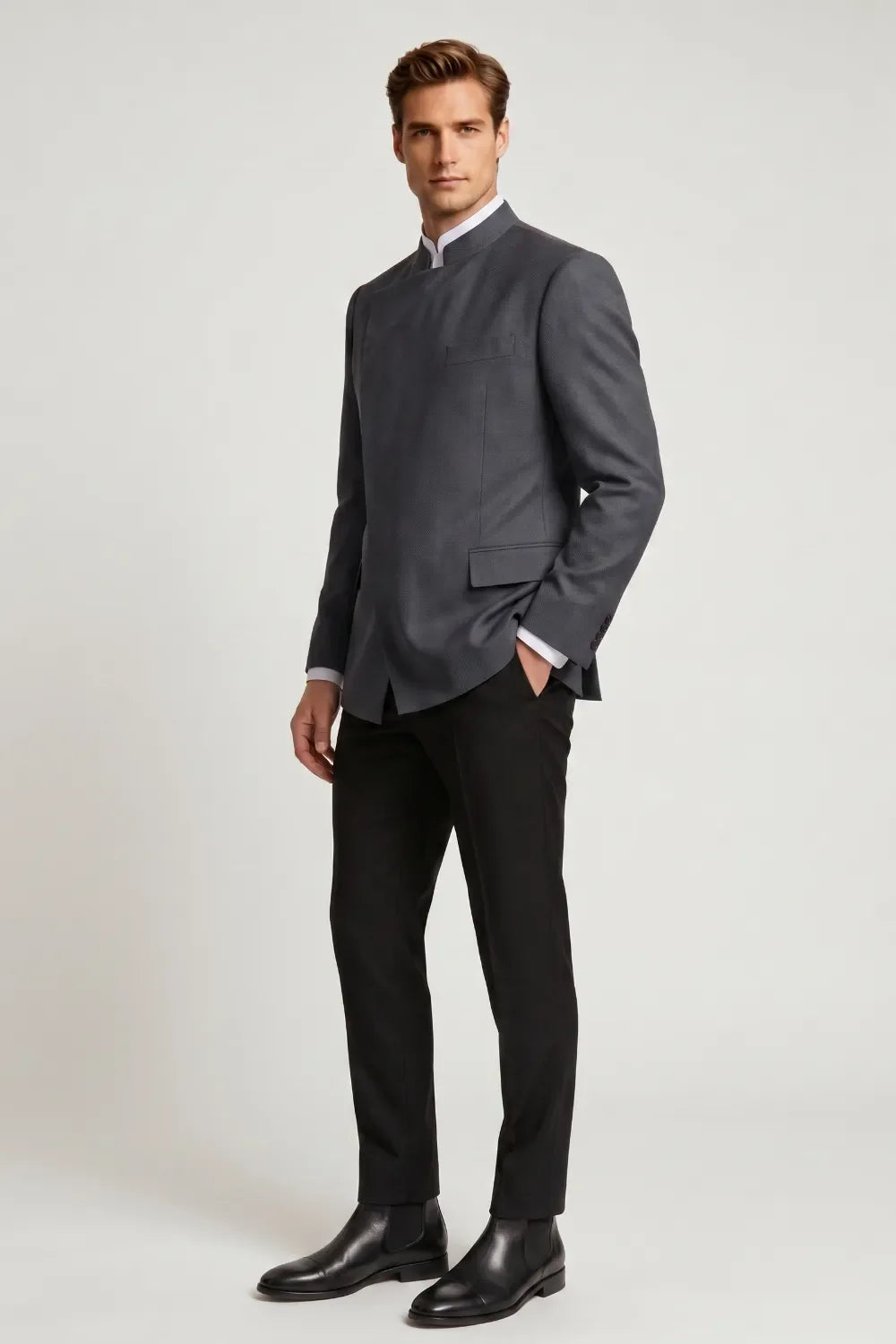 MANSSINO™ | Men's Charcoal Grey Mandarin Collar 2-Piece Suit