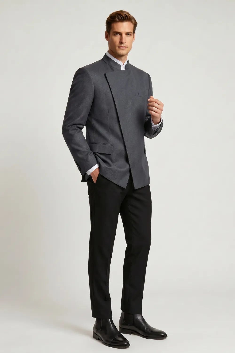 MANSSINO™ | Men's Charcoal Grey Mandarin Collar 2-Piece Suit
