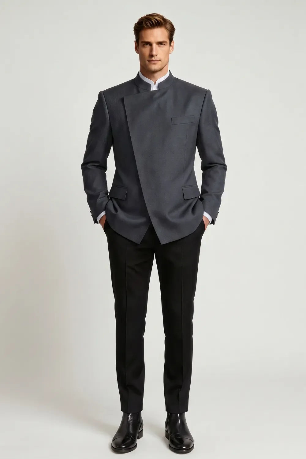 MANSSINO™ | Men's Charcoal Grey Mandarin Collar 2-Piece Suit