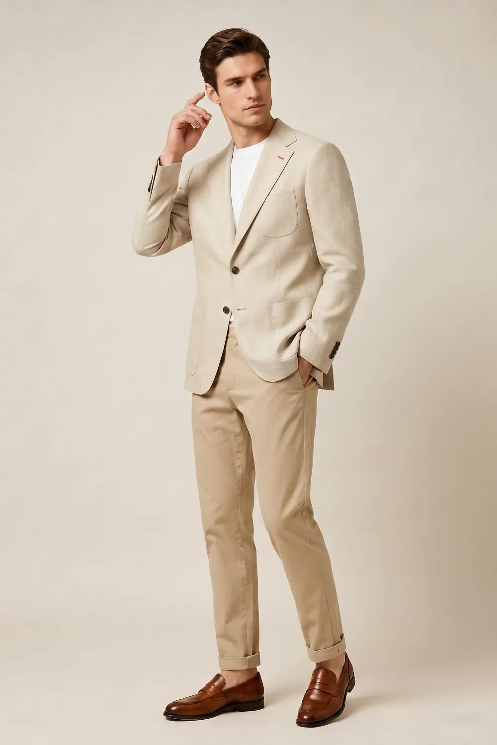 MANSSINO™ | Men's Beige Notch Lapel Linen Blend 2 Piece Suit