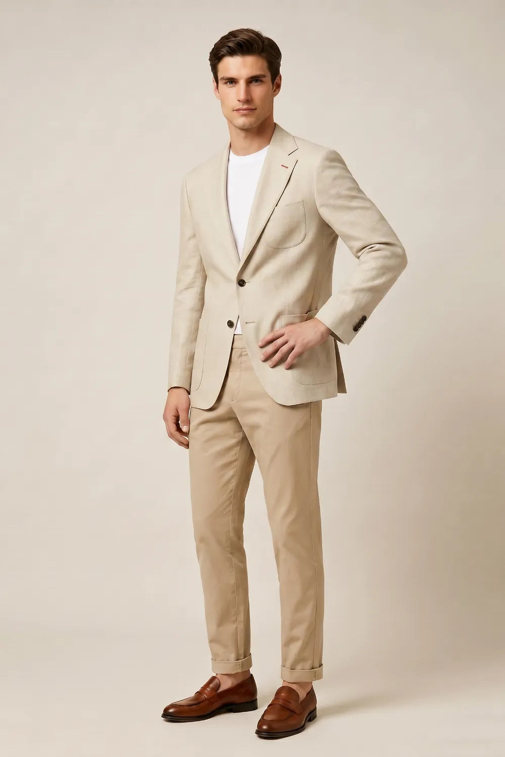 MANSSINO™ | Men's Beige Notch Lapel Linen Blend 2 Piece Suit