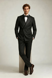 MANSSINO™ | Men's Black Double-Breasted Peak-Lapel Tuxedo Suit