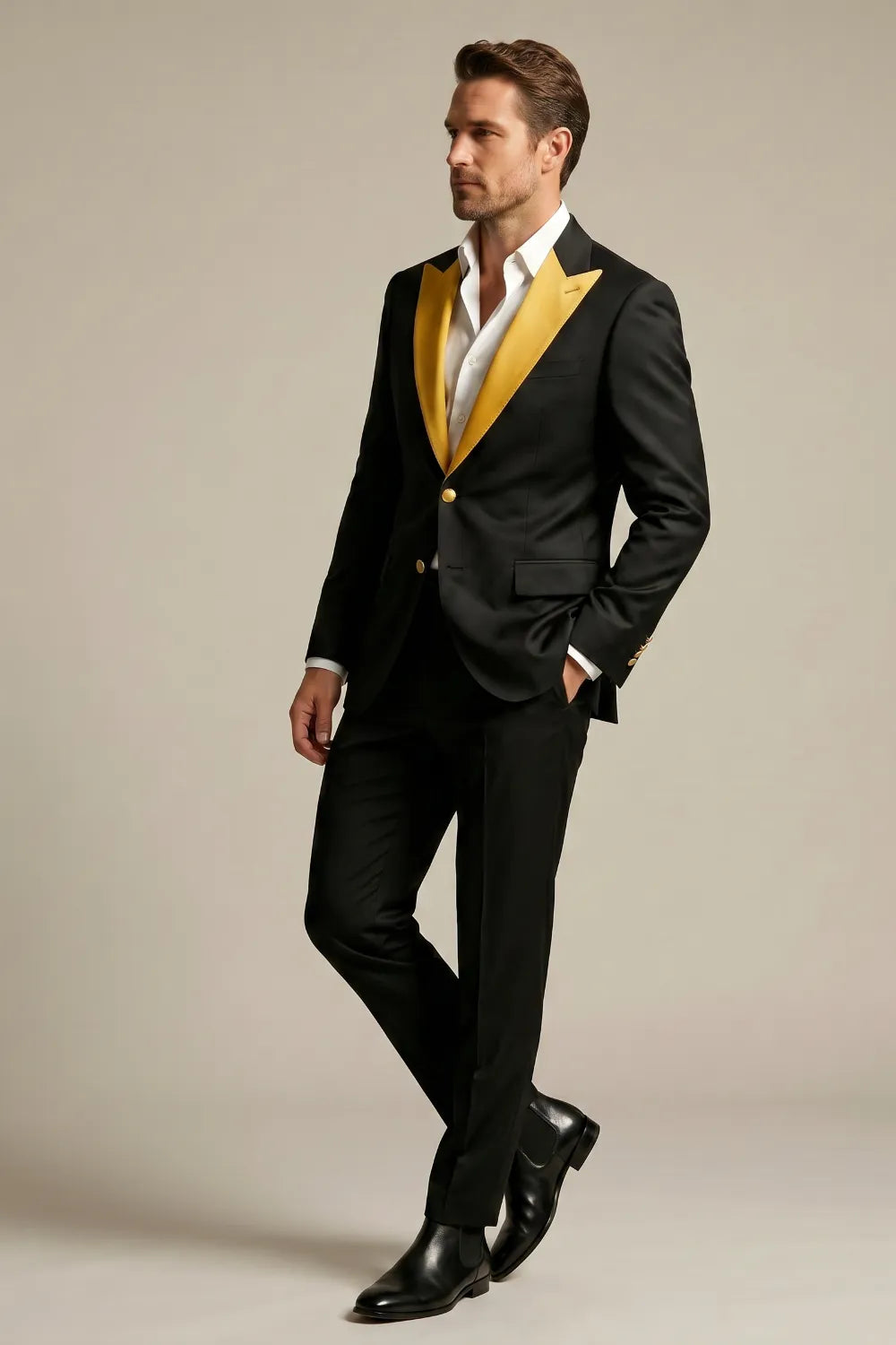 MANSSINO™ | Men's Black and Gold Peak-Lapel 2-Piece Tuxedo Suit