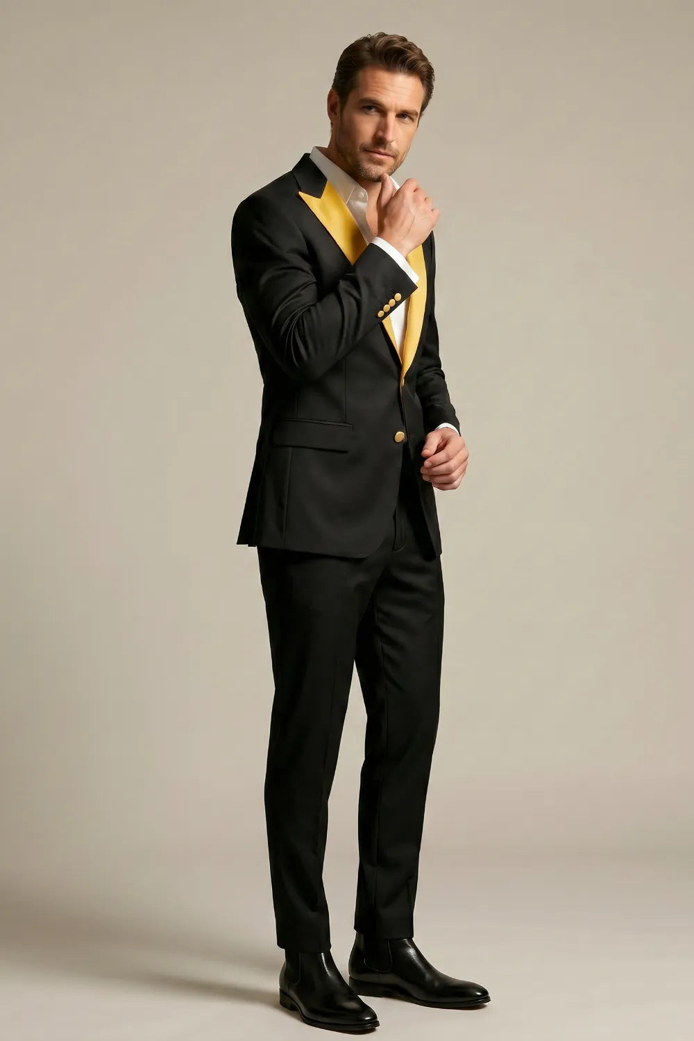 MANSSINO™ | Men's Black and Gold Peak-Lapel 2-Piece Tuxedo Suit