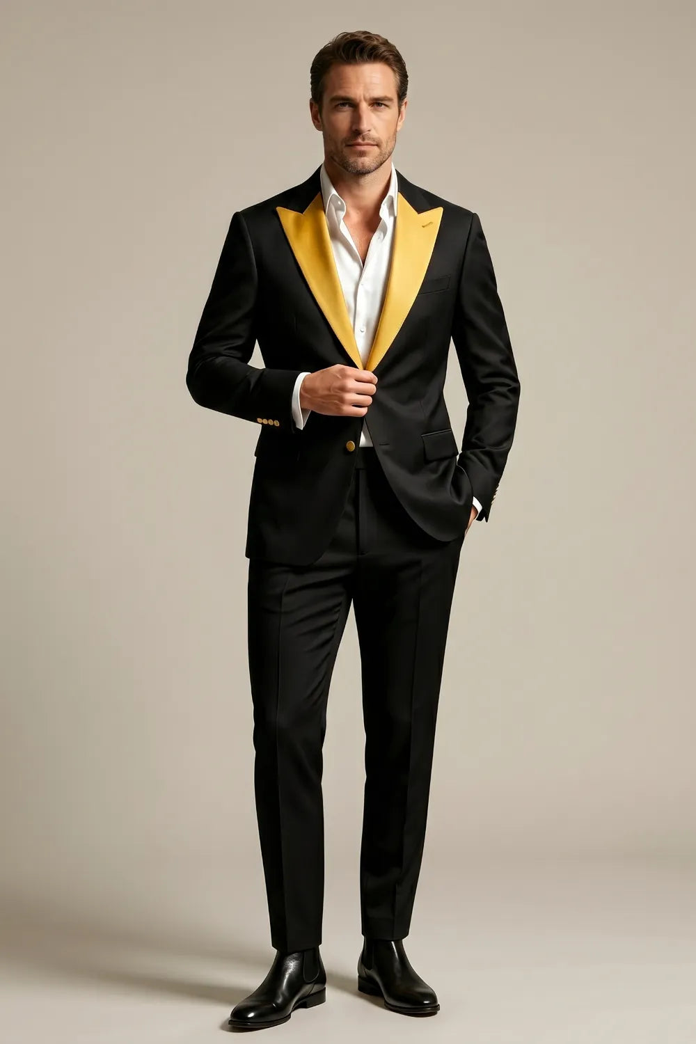 MANSSINO™ | Men's Black and Gold Peak-Lapel 2-Piece Tuxedo Suit