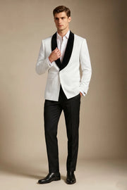 MANSSINO™ | Men's White Jacquard Black Shawl Lapel 2-Piece Tuxedo Suit
