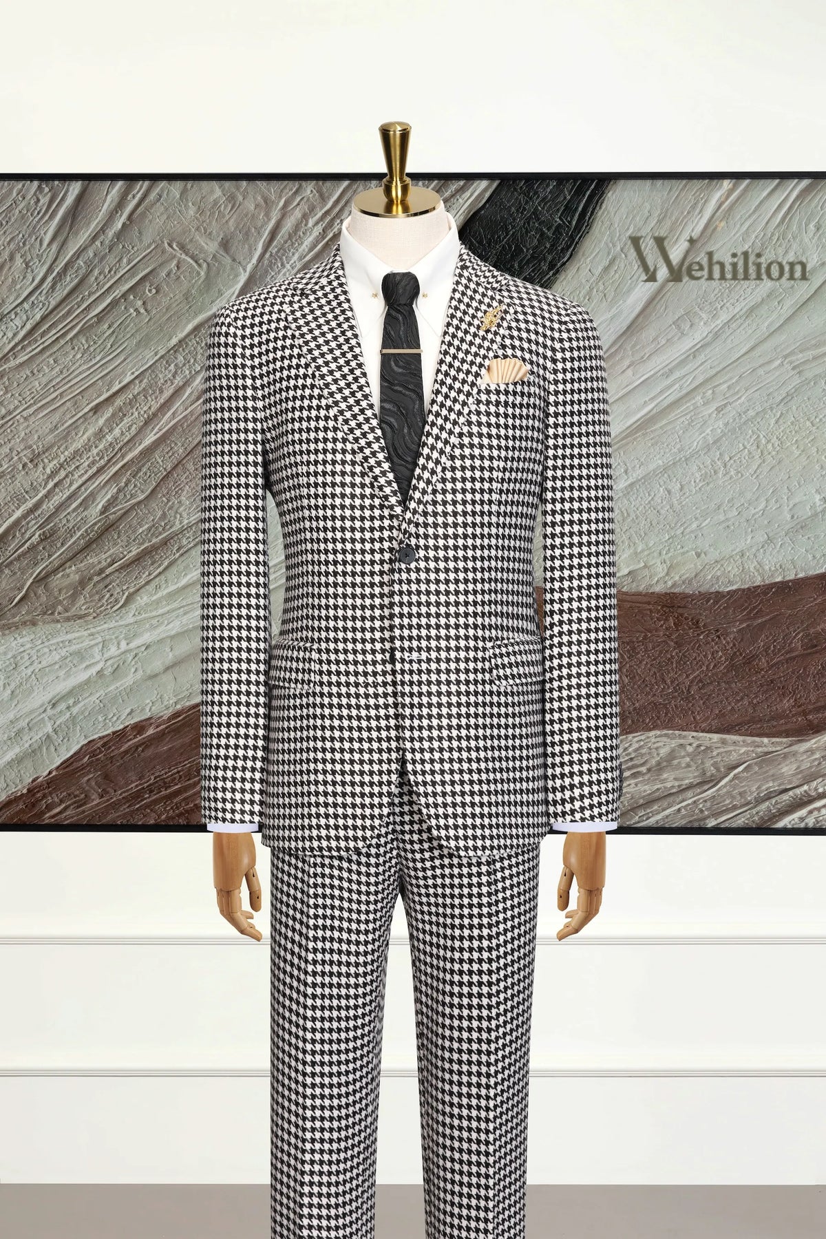 MANSSINO™ | Men's Iconic Black & White Houndstooth 3-Piece Suits