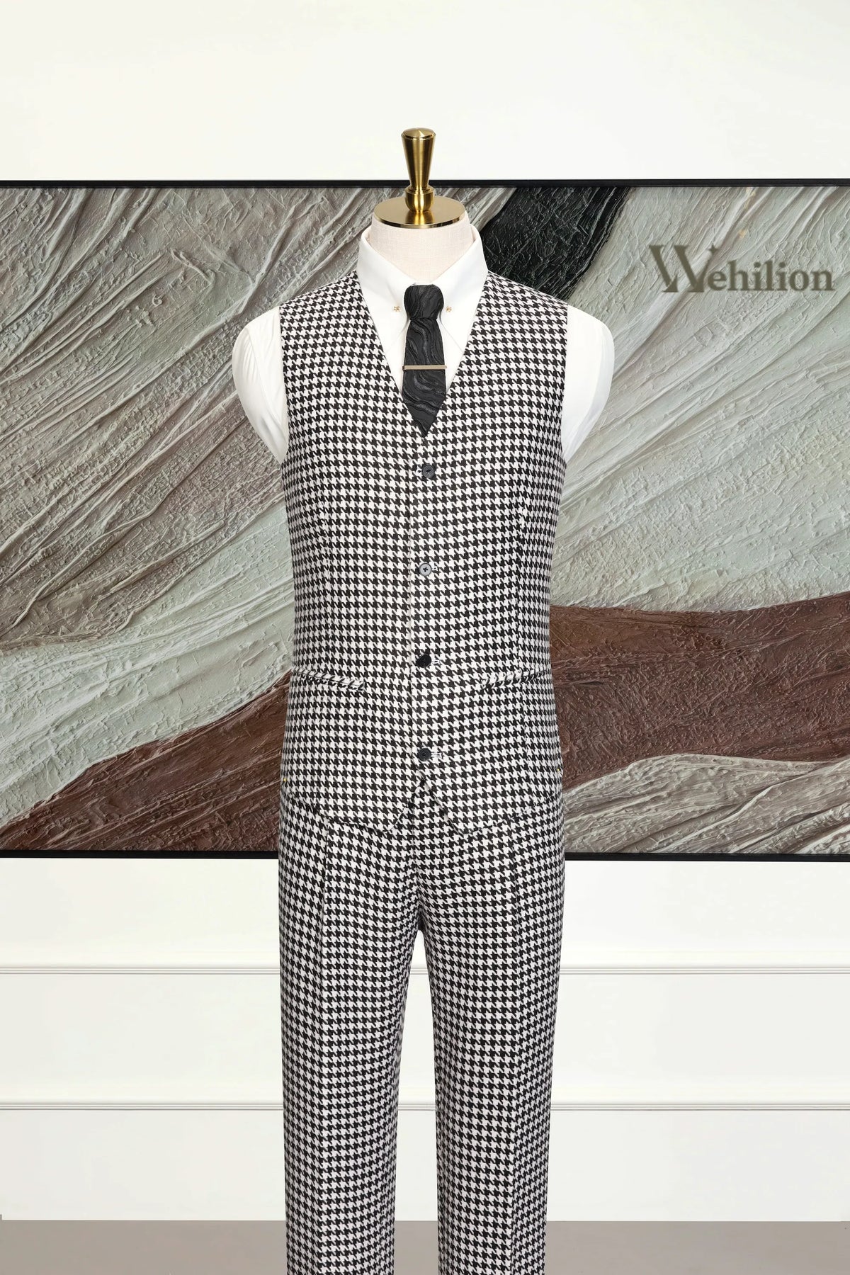 MANSSINO™ | Men's Iconic Black & White Houndstooth 3-Piece Suits