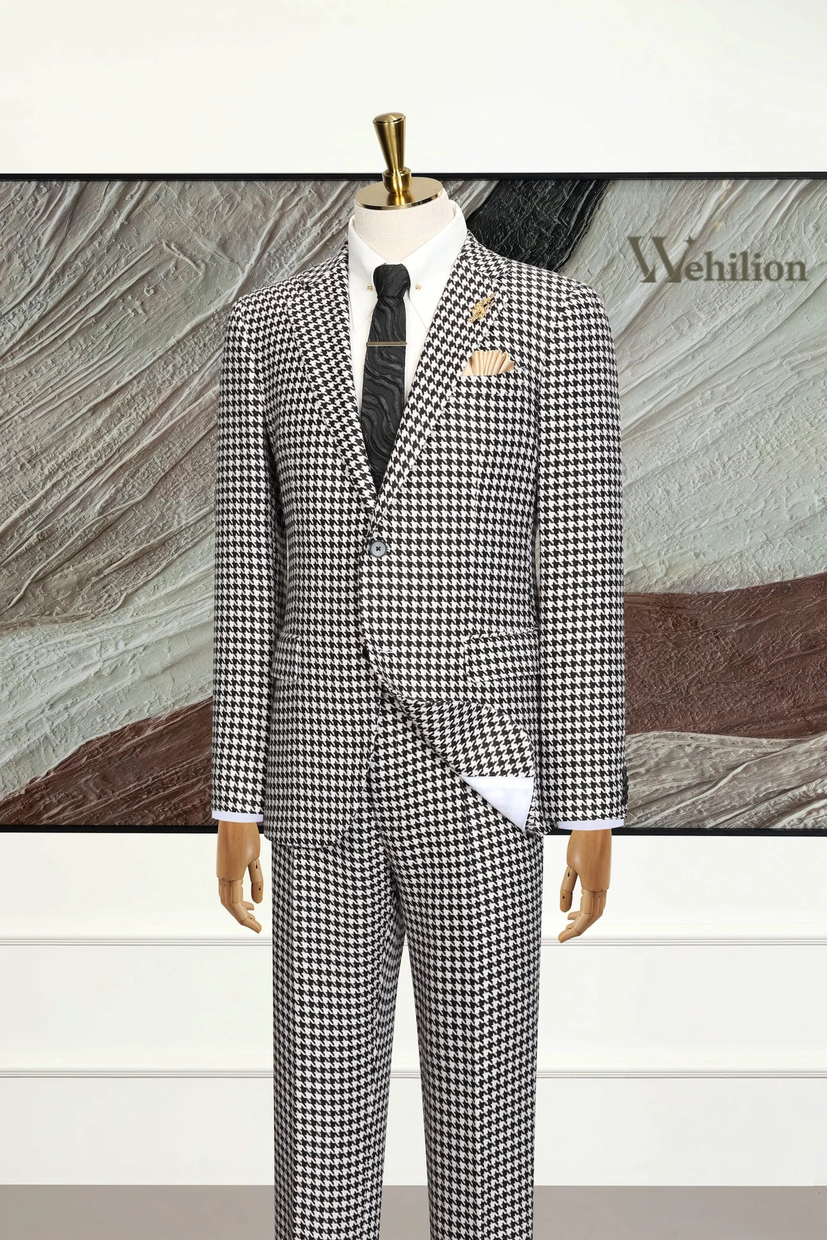MANSSINO™ | Men's Iconic Black & White Houndstooth 3-Piece Suits