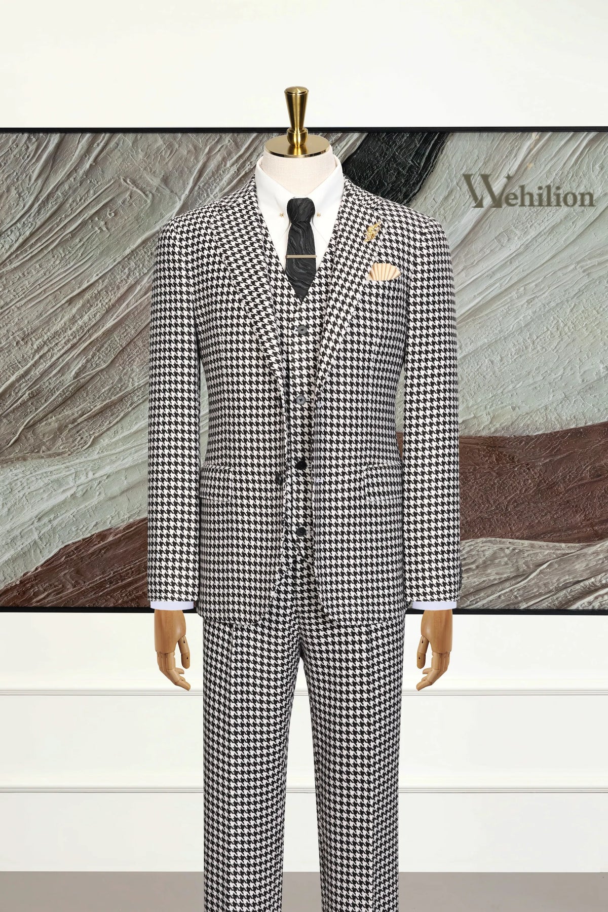 MANSSINO™ | Men's Iconic Black & White Houndstooth 3-Piece Suits