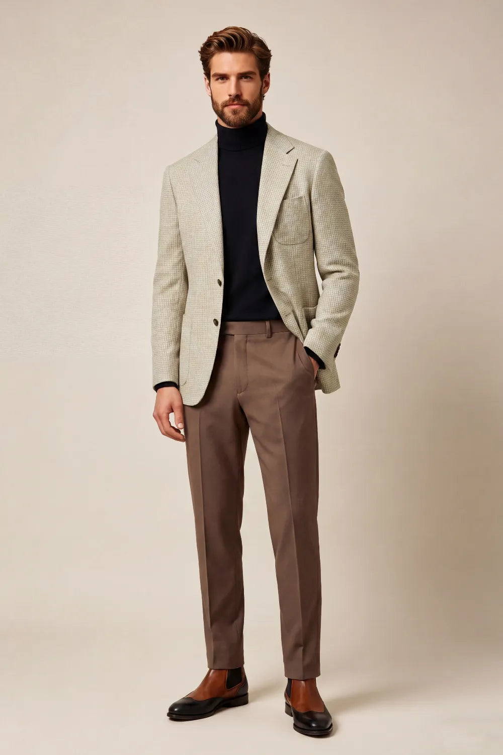 MANSSINO™ | Men's Beige Houndstooth Notch Lapel 2-Piece Suit