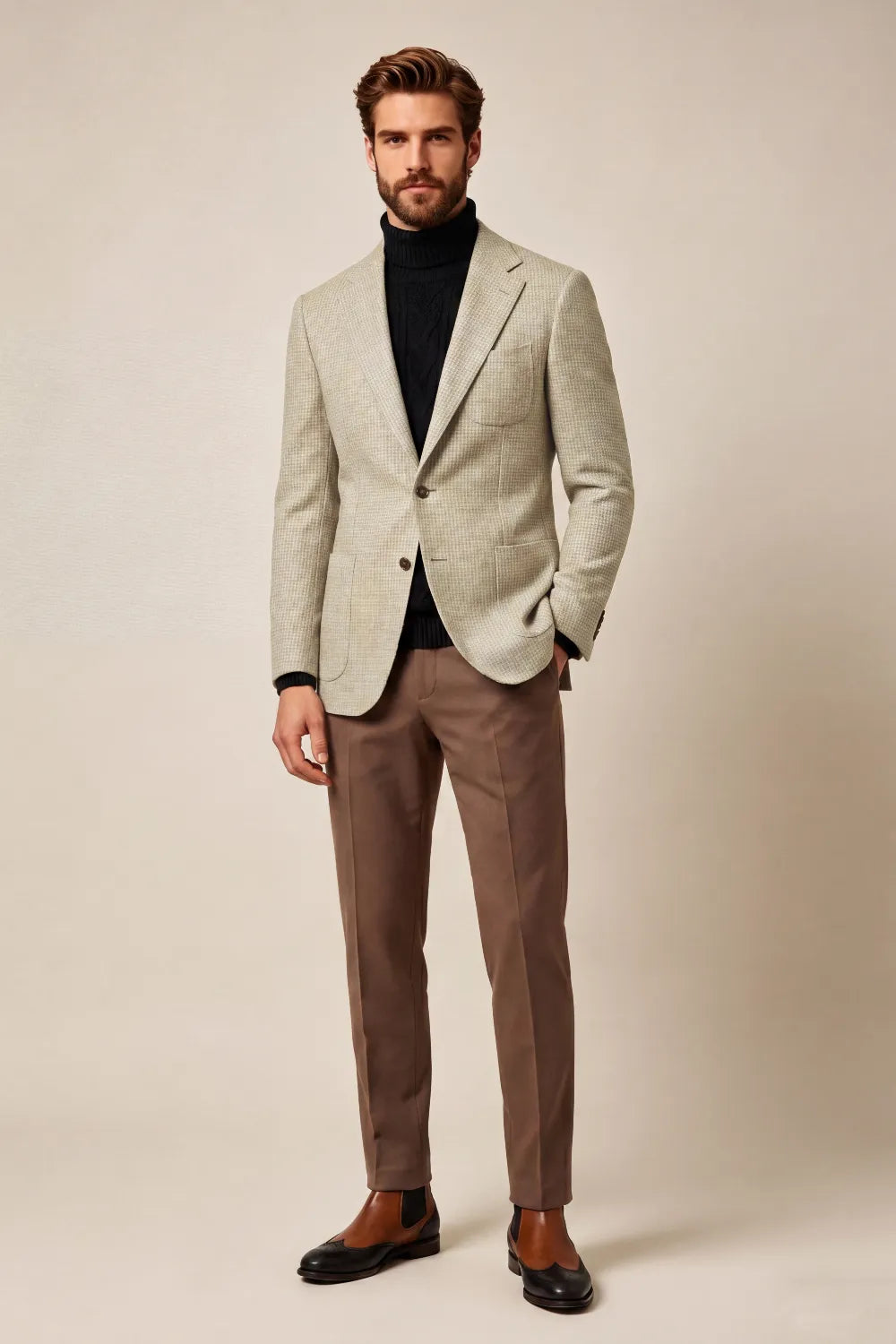 MANSSINO™ | Men's Beige Houndstooth Notch Lapel 2-Piece Suit