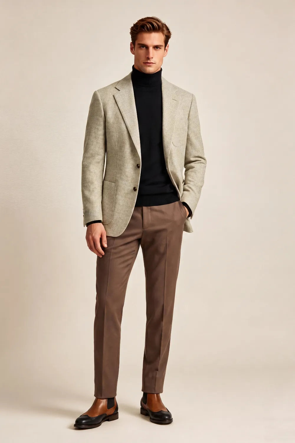MANSSINO™ | Men's Beige Houndstooth Notch Lapel 2-Piece Suit