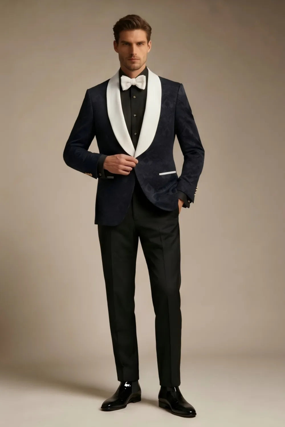 MANSSINO™ | Men's Black Jacquard White Shawl Lapel 2-Piece Tuxedo Suit