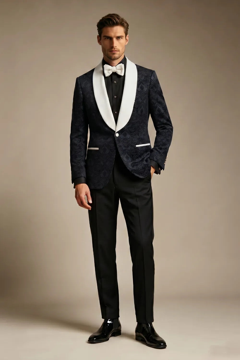MANSSINO™ | Men's Black Jacquard White Shawl Lapel 2-Piece Tuxedo Suit