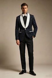 MANSSINO™ | Men's Black Jacquard White Shawl Lapel 2-Piece Tuxedo Suit