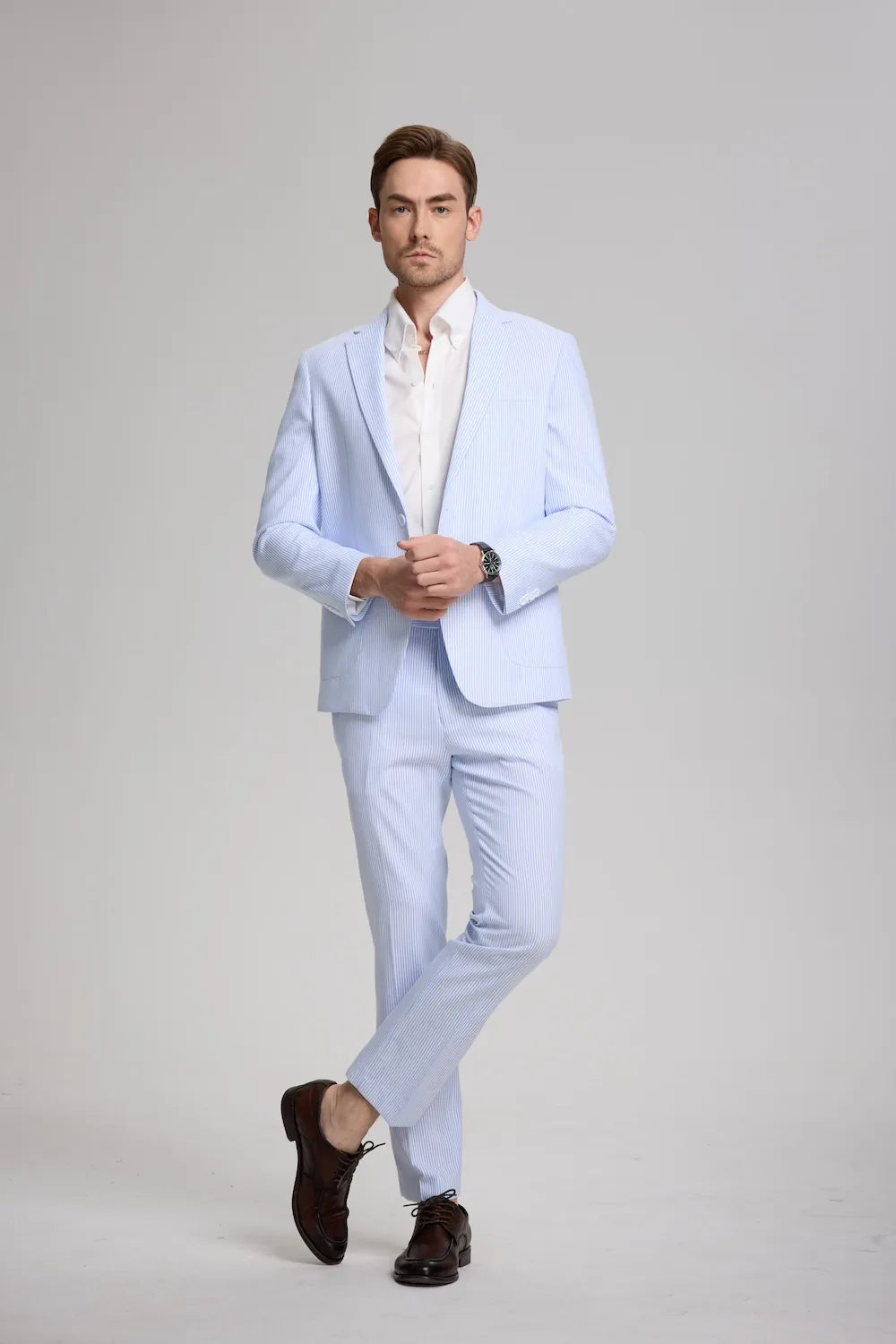 MANSSINO™ | Men's Blue Striped Cotton Seersucker 2 Piece Suit