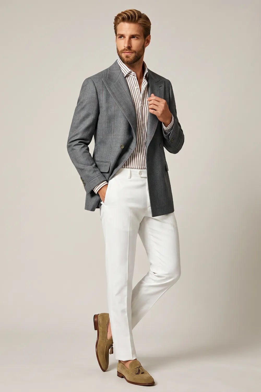 MANSSINO™ | Men's Tailored Grey Double-Breasted Two-Piece Suit